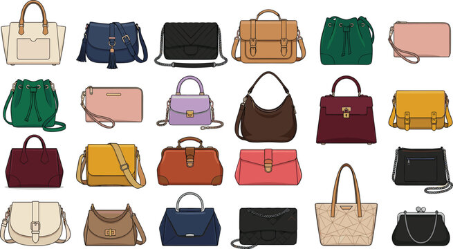 Stylish women handbags collection featuring luxury leather totes shoulder bags clutches backpacks crossbody purses and fashion accessory vector illustrations.
