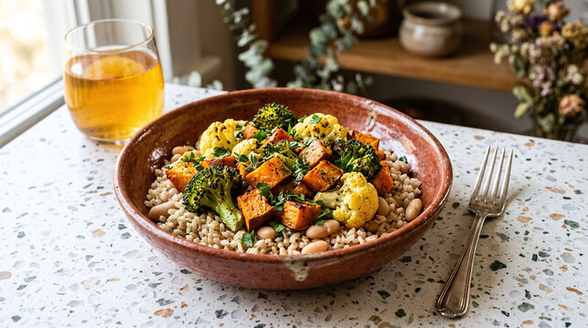 A hearty bowl of roasted sweet potatoes with broccoli cauliflower and white beans served over a bed of grains beside a refreshing glass of iced tea