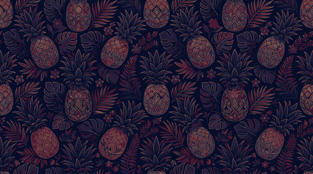 Vibrant tropical pineapple pattern with floral elements on dark background