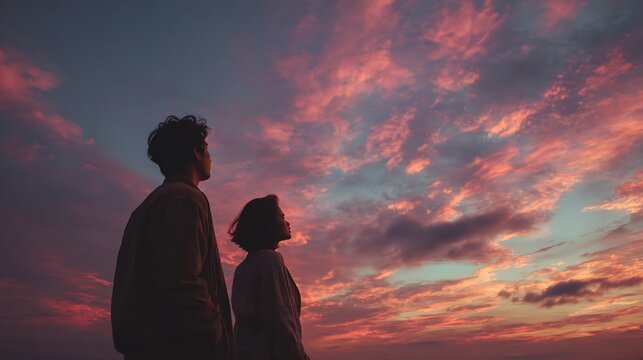 Couple silhouetted against vibrant sunset sky with pink and orange clouds. thoughtful contemplatio