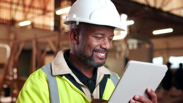 Carpenter, man and smile in workshop with tablet, good news or email for woodwork procurement offer. Mature person, carpentry manager and happy with tech, reading online order or deal for production.