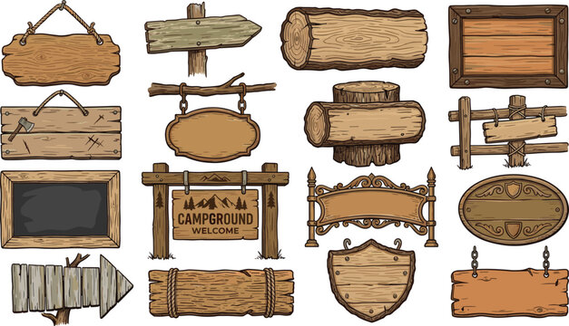 Rustic wooden signs vector collection featuring vintage signboards arrow pointers national park campground plaques and blank timber banner graphics.