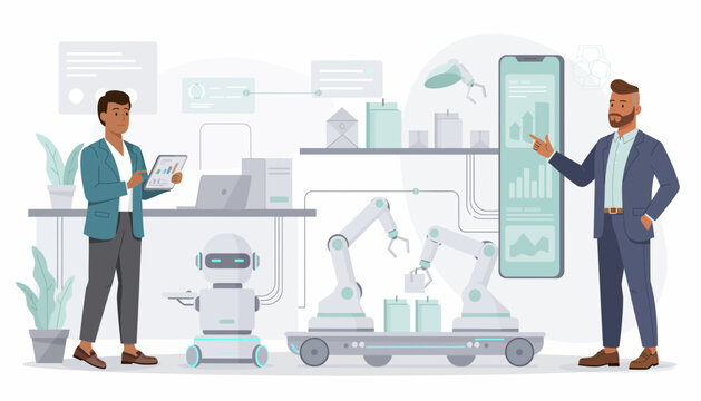 Two men interact with a robot and industrial machinery in a modern office setting with technology