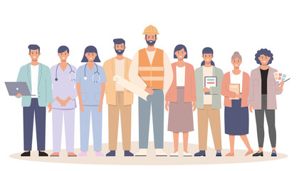 Fototapeta premium Diverse group of people standing together in a line, including doctor, nurse, engineer, businesswoman, student, and others, in a neutral indoor setting.