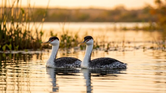 two clarks grebe ducks floating on mono lake california golden light close up video