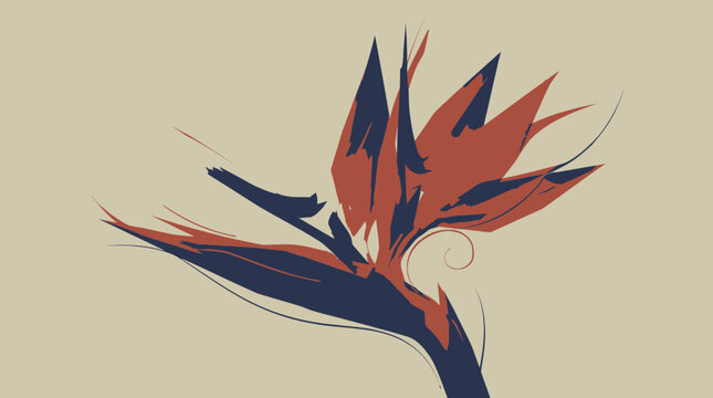 Vibrant bird of paradise flower blooms in garden with stylized petals and leaves.