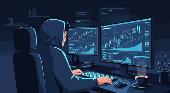Hacker analyzing stock market charts on multiple computer screens in dark room