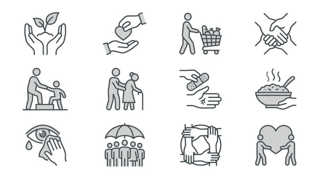 Elegant Minimalist Line Icons Set Showcasing Humanitarian Aid Health Community Support and Caregiving Activities in Monochrome
