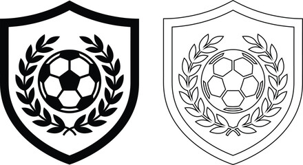 Fototapeta premium Soccer Ball Shield Badge Icon with Laurel Wreath, Black and White Football Club Emblem Vector Logo Set for Sports Team Branding Design