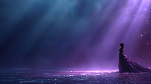Silhouette Woman in Flowing Dress Gazes at Light Beams Over Water. Mystical Atmosphere