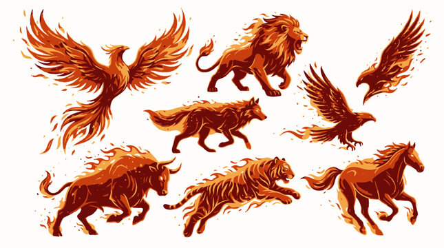 Mythical creatures including lion, tiger, bull, horse and phoenix are running.