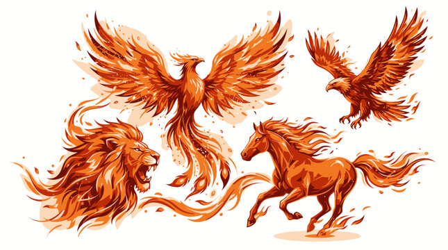 Mythical creatures including a lion, horse, and birds on fire