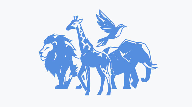 Animals gathered together outdoors in nature scene with lion, giraffe, elephant, and bird.