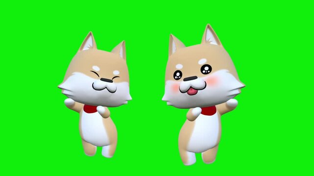 Two Cute Cartoon Shiba Inu Dogs Smiling Playfully on Green Background 3D Render