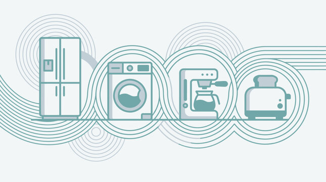 Appliances lineup in a modern kitchen with refrigerator, washing machine, coffee maker, and toaster.