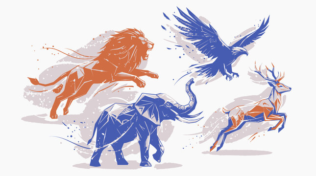 Vibrant illustration of lion, elephant, deer, and eagle in motion, showcasing Animals.