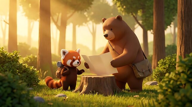 3D cartoon bear and red panda exploring forest map.