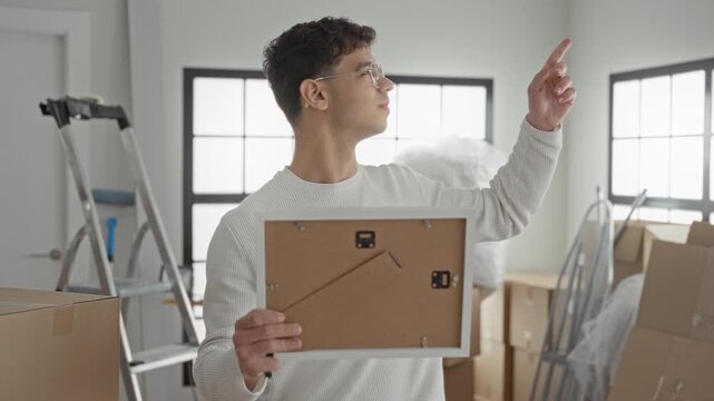 Man holds a picture frame with one hand, points finger with the other toward packed boxes and a ladder in a bright interior building during moving; quiet contemplation transition.