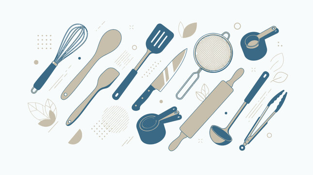Various kitchen utensils and tools are arranged on a surface for cooking.