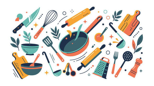 A vibrant illustration of various kitchen utensils and tools arranged in a circle on a table indoors.
