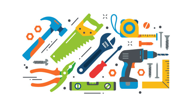 Various tools laid out on a surface for a construction project indoors