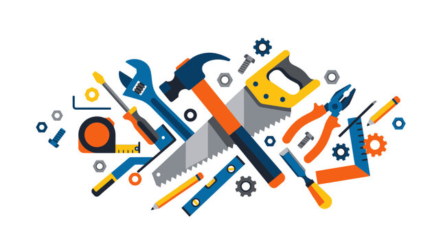 A collection of various tools and equipment for industry and graphic design on a table