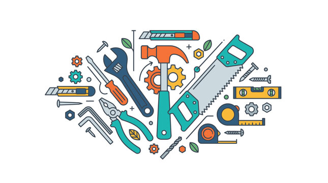 A collection of various tools and equipment for industry and hobbies on a white background