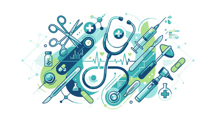 Fototapeta premium Medical tools and equipment arranged on a surface for healthcare