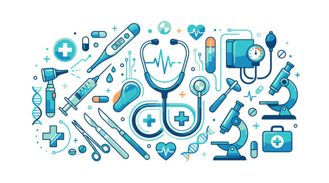 Medical icons and tools are arranged on a surface for health professionals.