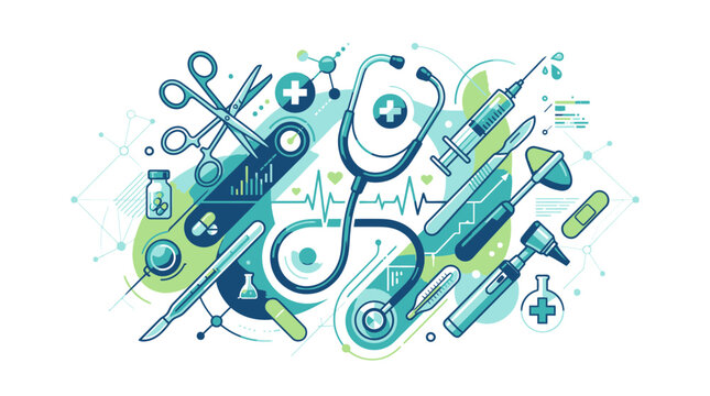 Medical tools and equipment arranged on a surface for healthcare