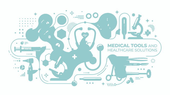 Medical tools and healthcare solutions illustrated in a graphic design.