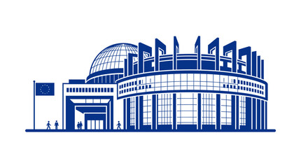 European Parliament Building Silhouette, Strasbourg, EU Flag, Modern Architecture © Crit