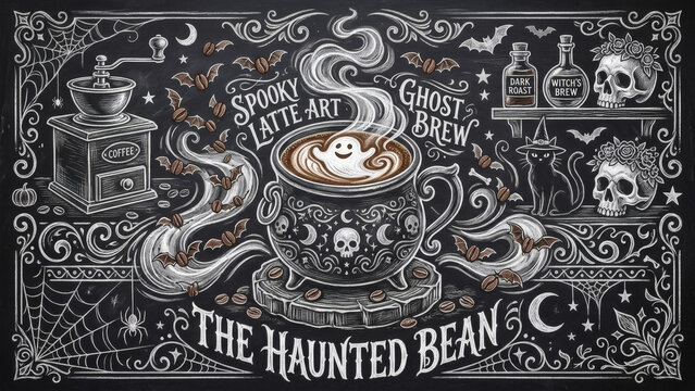 Chalkboard Halloween Coffee Art with Spooky Latte Design and Bats