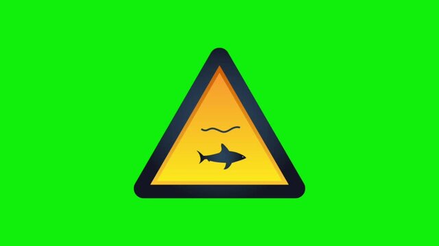 Warning sign with jumping dolphin on bright yellow triangle against neon green background