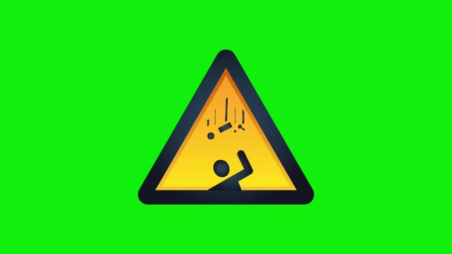 Warning sign with falling person icon on bright yellow and green background flat design