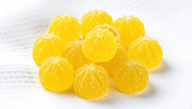 Bright Yellow Lemon Drop Candies Piled on a White Surface