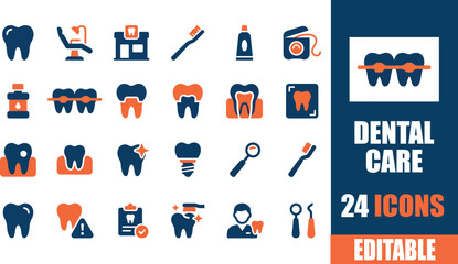 Fototapeta premium A comprehensive set of 24 editable dental care icons in a modern two-tone design, illustrating various aspects of oral health and dentistry.