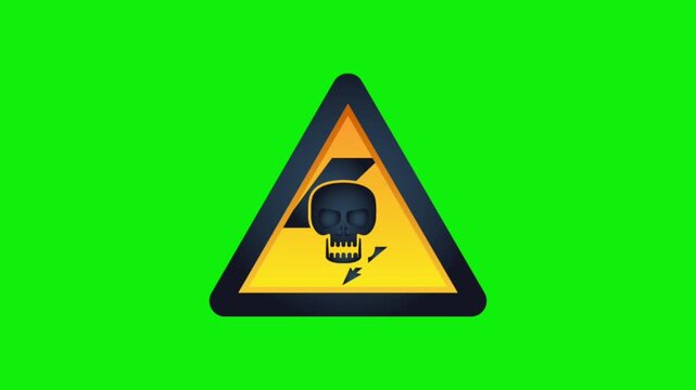 Warning Sign with Falling Rocks Symbol on Bright Green Background Minimalist Design