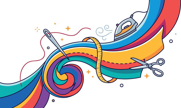 Colorful Abstract Fabric Ribbon Wave Vector Illustration with Tailor Sewing Tools Including Needle Thread Electric Iron Scissors and Measuring Tape