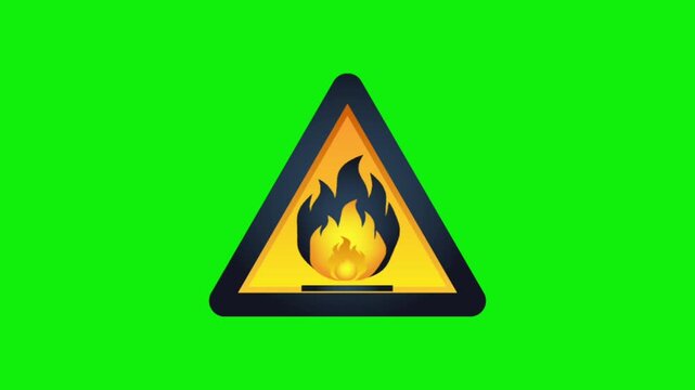 Warning sign with flames on bright green background flat design illustration