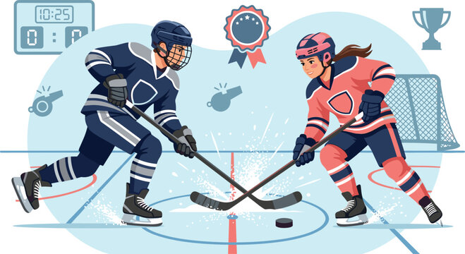 Ice hockey players during a match face-off on the rink rink stadium with scoreboard net and trophy elements flat vector illustration.