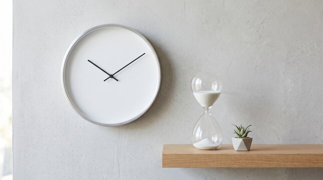 Minimalist wall clock and sand timer on shelf with hourglass minimalist interior deadline punctuality measurement planning schedule