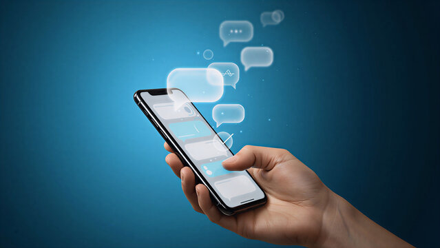 Human hand interacting with a modern smartphone featuring floating generic AI communication elements on a sleek blue background, representing smart digital assistance and business technology