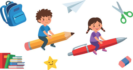 Cute Cartoon School Kids Flying On Giant Pencil And Pen With Backpack Books Scissors And Paper Airplane Education Vector Set
