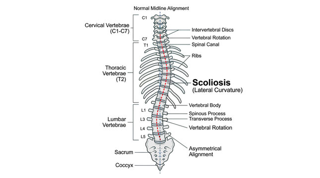 Human Spine Anatomy with Scoliosis and Lateral Curvature - Medical Illustration