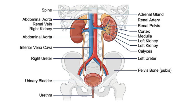 Human Urinary System Anatomy Diagram - Kidneys, Bladder, Ureters, Arteries, Veins