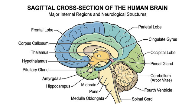 Sagittal Cross-Section of Human Brain Anatomy Diagram with Labels