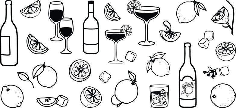 Black and white line collection of citrus fruits drinks and ice cubes