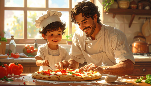 Father and child making pizza together
