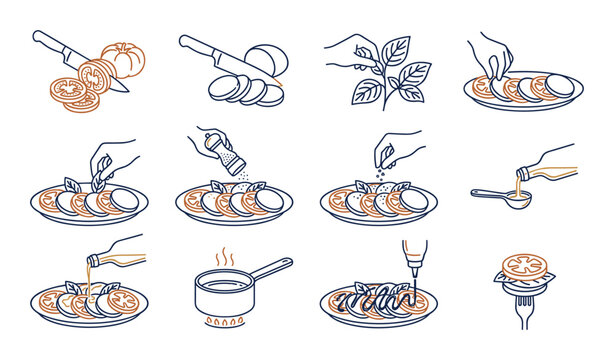 Illustrated steps for preparing Caprese salad with tomatoes and mozzarella